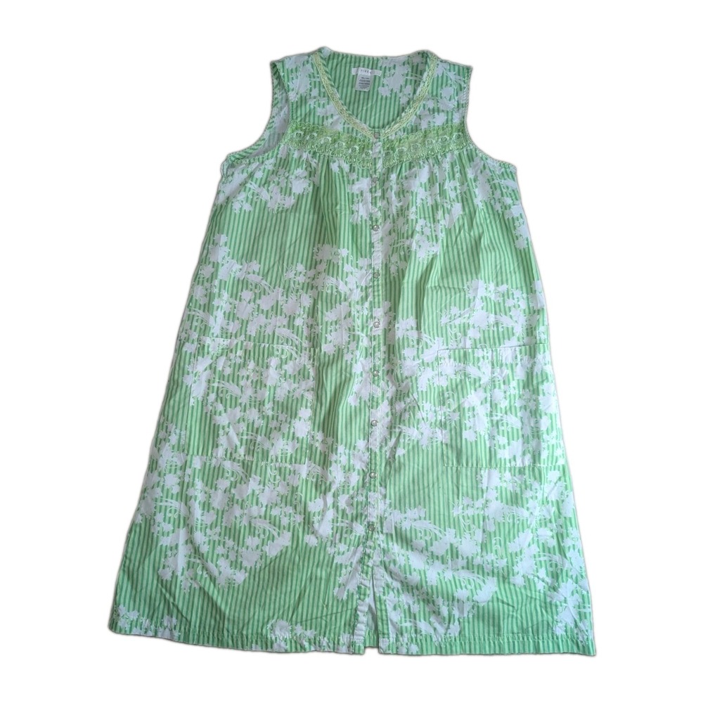 PINK Kmart Green White Floral Stripe Sleeveless Button Front House Dress...